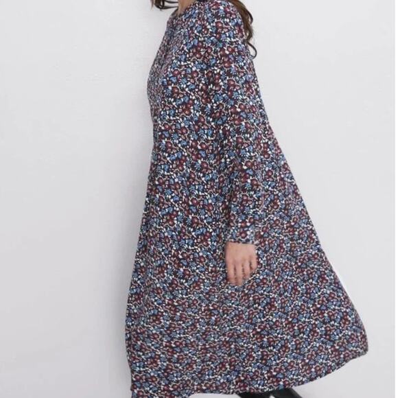 Zara Floral Button Long Sleeve Midi Swing Dress in Wine Red & Blue Medium - Picture 3 of 10